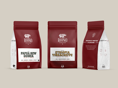Rhino Coffee Retail Bags branding coffee design food labels mockup packaging print red rhino typography