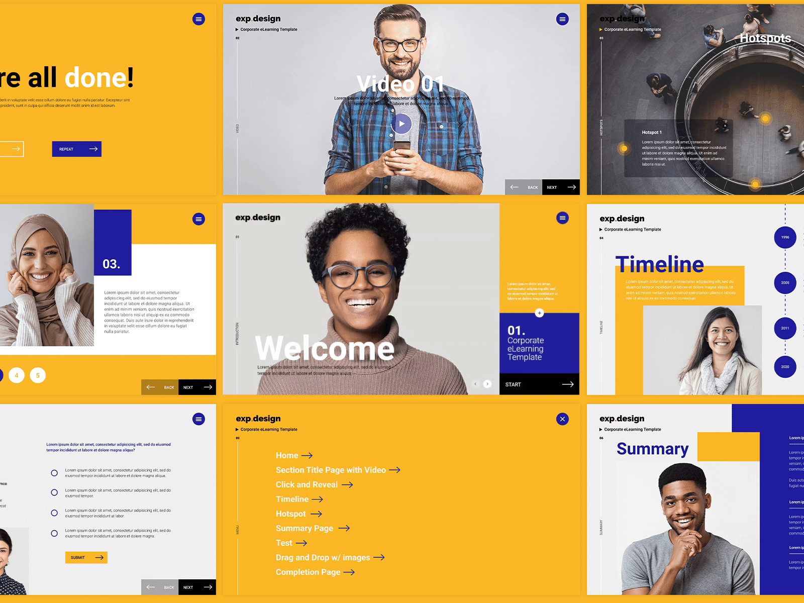 eLearning course design blue and yellow branding certification credits diversity elearning figma figma design interaction learning menu design online course online credit online school people prototype stock photography typography user interaction web design