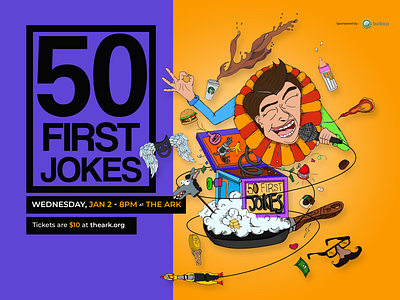 50 First Jokes adobe photoshop cartooning comedy event graphic design humour illustration poster art typography