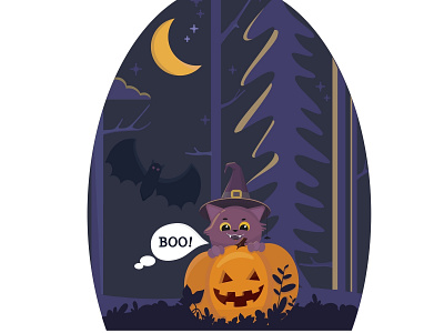 Helloween black boo дизайн иллюстрация кот лес ночь тыква хэллоуин