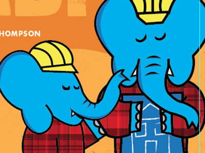 'Let's Build Something, Dad!' Cover Illustration blue blueprint book build construction cover elphant flannel illustration orange plaid yellow