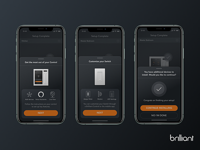 Installation Success Screens on the Brilliant Mobile App app design iot minimal smarthome ui ux