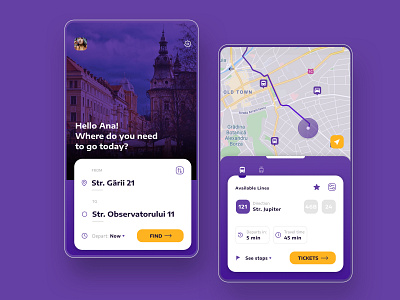 Public Transportation App / Concept application bus city destination fare finder mobile move public transportation purple routes schedule ui