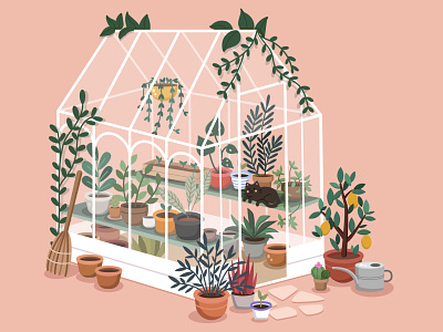 Greenhouse art bright cat illustration illustrator plant vector