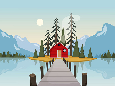 Lake House art blue bright forest house illustration illustrator lake mountain nature vector