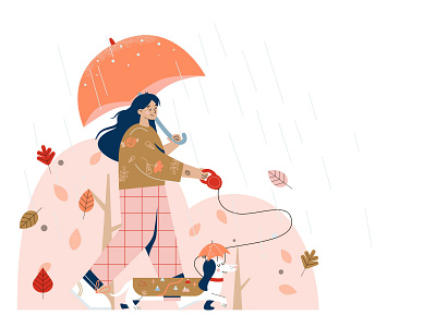 Autumn is here art autumn bright dog flat girl illustration illustrator pink vector walk