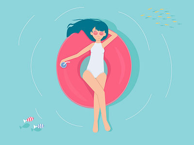 Summer girl blue fishes girl illustration pool summer vector