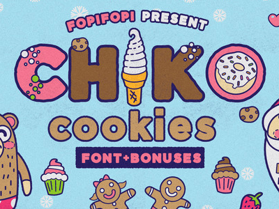 Chiko Cookies Font + Bonuses cake cartoon christmas cookies cute font holiday icecream illustration santa sweet vector
