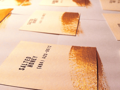 1st round of business cards for Salted Honey black buff card cream farmers farmers market food gold hand hand painted honey market paint painted salted salted honey saltedhoney stamp