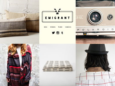 Emigrant Site Home 1 ecom ecommerce grid hipster nav photos product shop site store web website