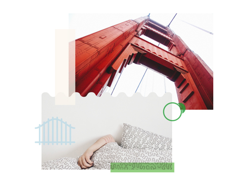 Hidden and Gated san francisco blue cream green collage squiggles sheets bed gate