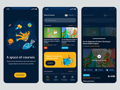 E-learning mobile app for kids clean colorful courses dark mode e learning education educational figma fun kids learning minimal mobile app ui ux