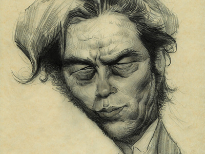 Del Toro caricature charcoal pencil sketch