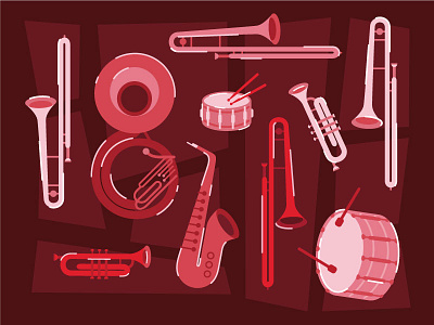 Mama Digdown's Brass Band band bass brass concert drum illustration monochrome music saxophone sousaphone trombone trumpet