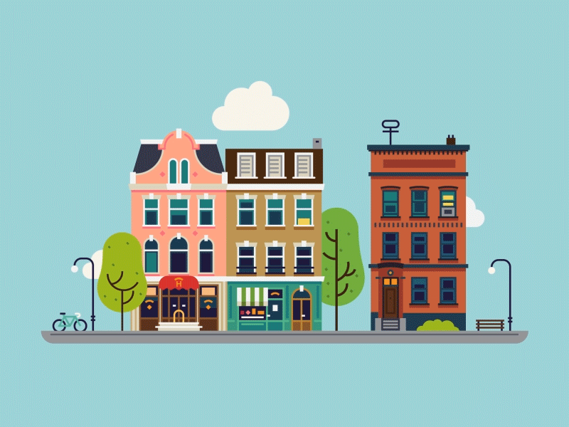 Downtown animation buildings city design flat motion graphic