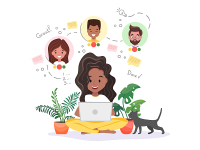 Beautiful freelancer is working online from home art cat character colleague cute design distance working friends illustration illustrator lotus plants quarantine quarantine life vector