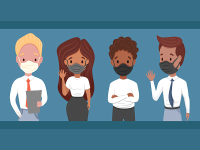Group of people wearing medical masks to prevent disease and flu art black character colleagues coronavirus cute design friends illustration masks medical quarantine quarantine life vector white