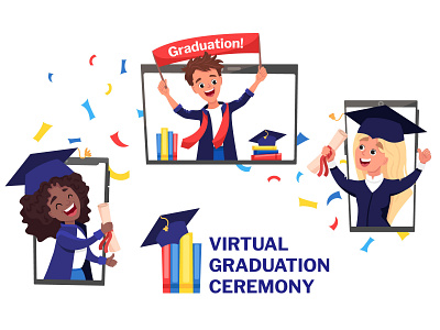 Virtual graduation ceremony banner with cute characters black ceremony character coronavirus distance education girl graduation illustration lockdown online quarantine students vector video call virtual