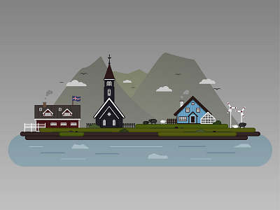 A piece of Iceland bulding chapel cloudy fence fog iceland illustration island landscape sheep town vector village windmill