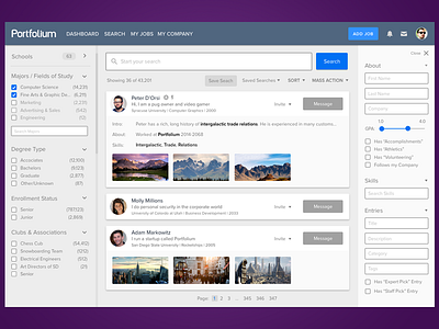 Portfolium TalentMatch data filtering mockup search wireframe