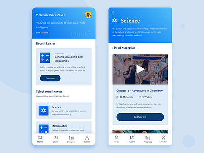 Learn App UI Exploration android app blue clean dailyui education education app icon ios mobile mobile ui simple ui ui design uidesign uiux uiuxdesigner ux