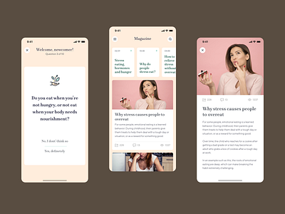 Social network for overeaters articles calm calming diet femine ios iphone magazine mobile onboarding onboarding flow overeaters questions social social app social network social networking ui ux