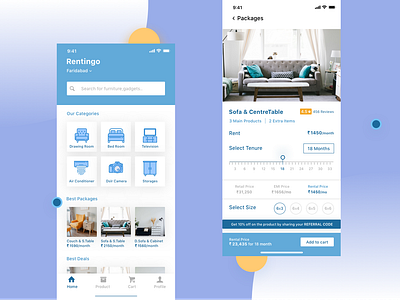 Rentingo-Online Rent Furniture add to cart app appliances cabinet clean couch deals earn ecommerce furniture ios app minimal offers refer rent rental app sofa ui ux