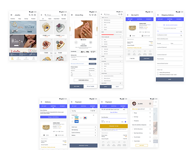 Ecommerce Jewellery App android app android app design app design cart clean concept delivery ecommerce app filter homescreen jewellery minimal mobile app payment form profile page shipping sort ui ux
