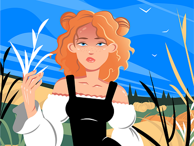 Girl in the field dribbble graphic design illustration vector