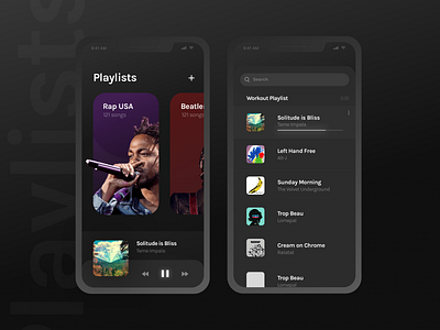 Music App app background black dark design list listen music player playlist scroll search ui ux