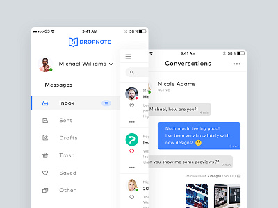 Dropnote - Mobile Side Menu & Conversations app concept conversations email interface menu message mobile sidebar ui user ux
