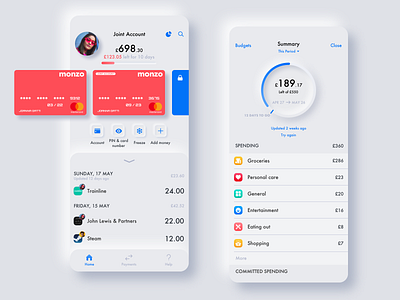 ☀️Neumorphic Style☀️ Monzo Bank Account App account app app design bank banking banking app card clean coral iphone mobile app neumorphic neumorphism payment sketch skeumorph skeumorphism trend trend2020 webdesign