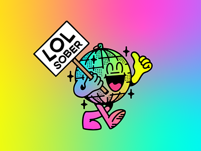 LOL Sober mascot avatar badge branding design disco ball gradient graphic design illustration lettering linework logo mascot sobriety social media type vector
