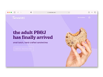 Twinnies homepage branding design food illustration lettering linework logo packaging pbj sandwich twinnies type ui ux