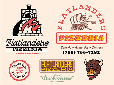 Flatlanders Pizzeria badge brand identity branding food icon illustration lettering linework logo merch packaging pizza shirt design t-shirt tee shirt type