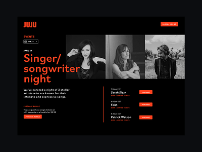 Curated live stream event webpage branding design events music musician web website website design