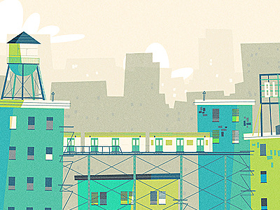NYC billboard building city fire escape illustration new york nyc skyline train water tower window