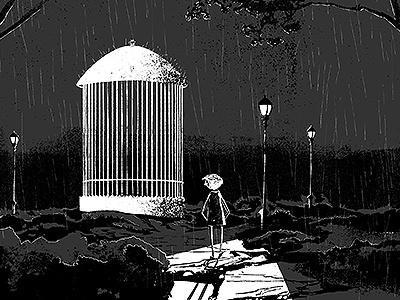 Caged birdcage boy illustration light park shrub tree