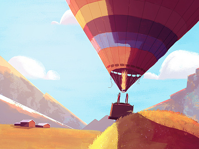Ballonin' balloon barn clouds farm grass hill illustration sky