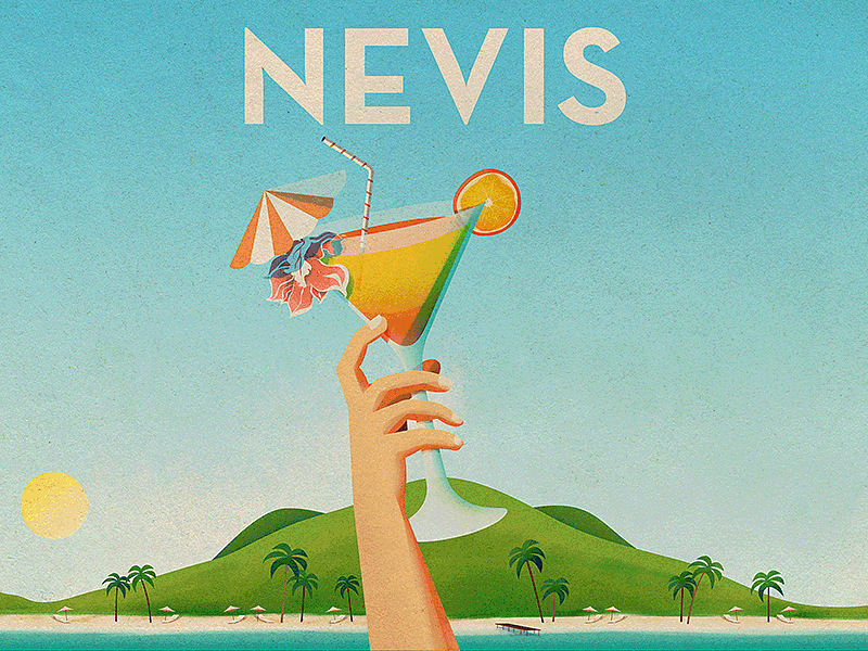 New York to Nevis beach illustration liberty moon mountain new york nyc palm sun travel vintage