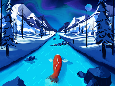 Don't be Koi aurora illustration koi moon mountain river rock snow trees