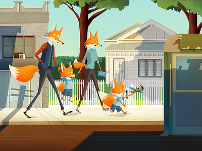 a leash of foxes building family fox house illustration road tram tree