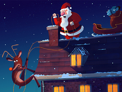 Clumsy chimney christmas house illustration rudolph santa slay snow