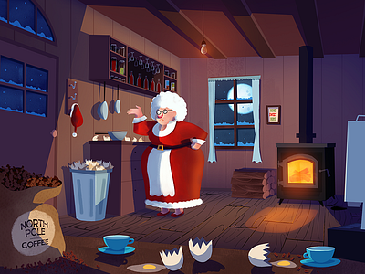 Making a mess christmas claus coffee eggs fire illustration north pole xmas
