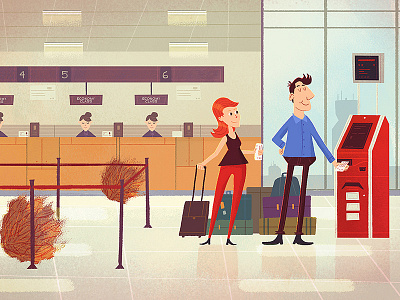 Vacation airport characters illustration man tumbleweed woman