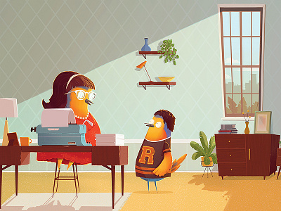 What will I be Mum? apartment bird character desk illustration mid century new york robin