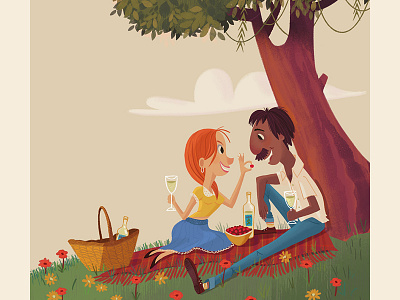 Raspberries and wine. couple eating food hill illustration love picnic tree vintage wine