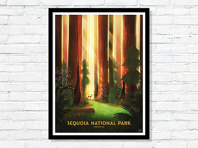 59 Parks Sequoia deer ferns forest illustration national park park plants poster redwood sun trees