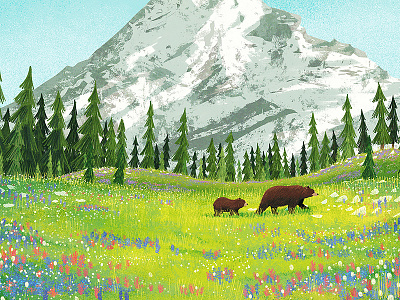 Mount Rainer bear flower illustration landscape mountain park pine tree wildflower