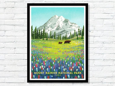 Mount Rainier National Park bear flower illustration landscape mountain park pine tree wildflower